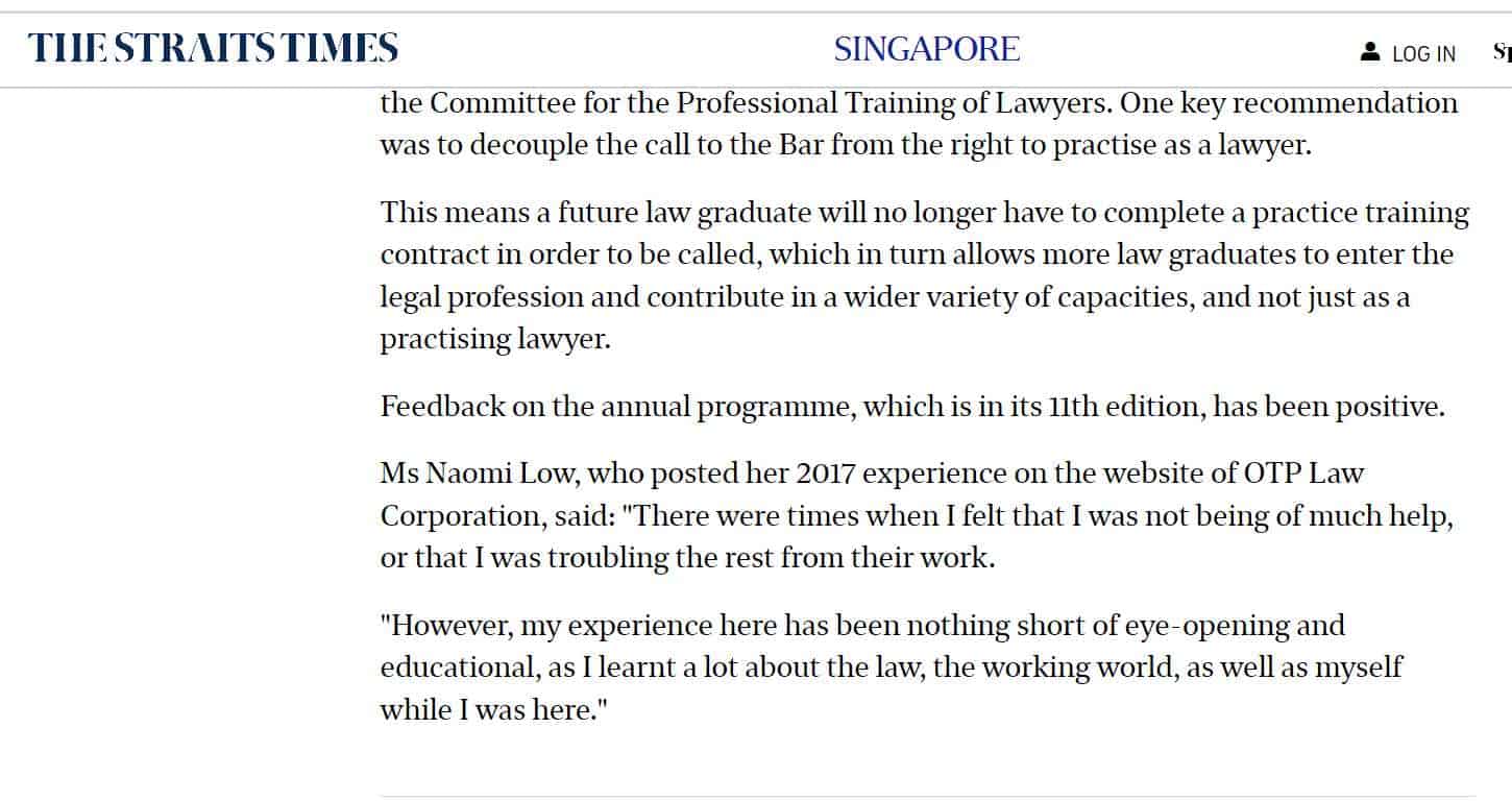 OTP Law Cited in Straits Times Article “Students eyeing law career urged to weigh pros and cons”