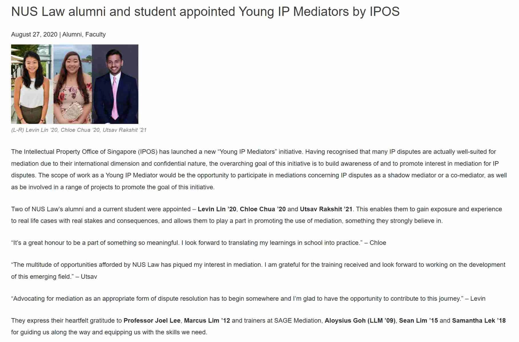 Our Chloe Chua in Inaugural Batch of Young IP Mediators by IPOS